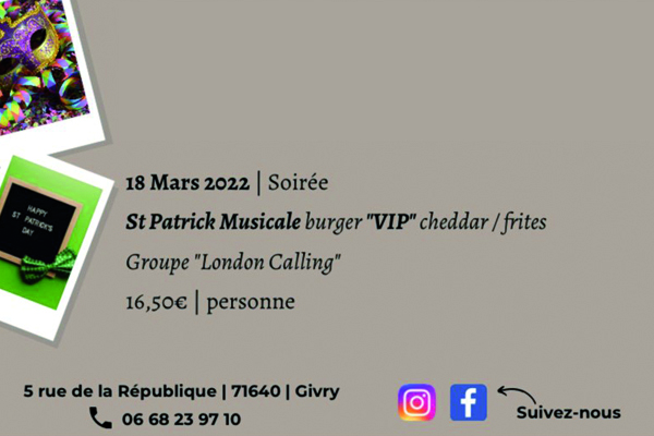 Restaurant "Le Salon de Grégoire" :  Soirée «St Patrick» musicale